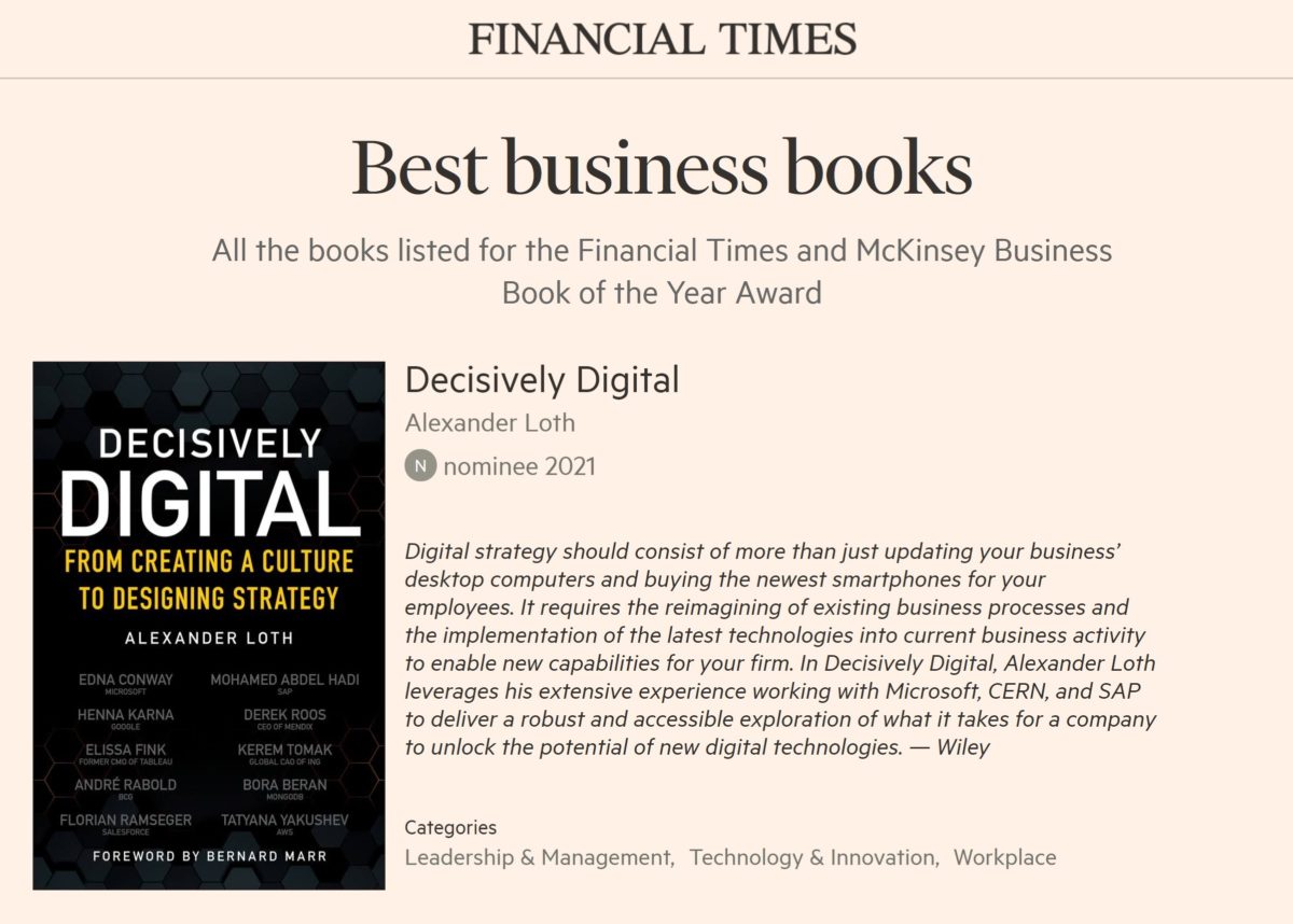 Decisively Digital is nominated for the Financial Times and McKinsey Business Book of the Year Award 2021
