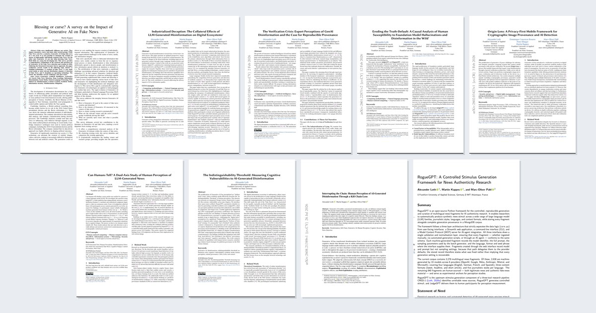 First pages of nine papers on AI-generated disinformation by Alexander Loth, Martin Kappes, and Marc-Oliver Pahl, arranged in two rows