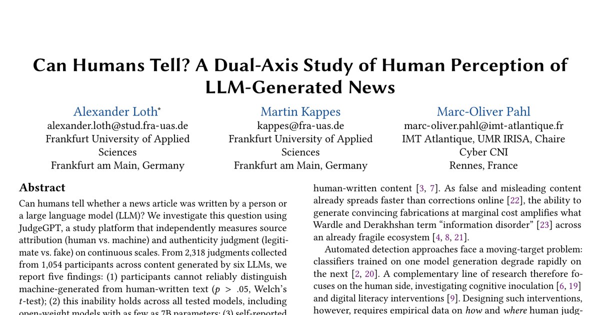 First page of the WebSci '26 poster paper Can Humans Tell? A Dual-Axis Study of Human Perception of LLM-Generated News