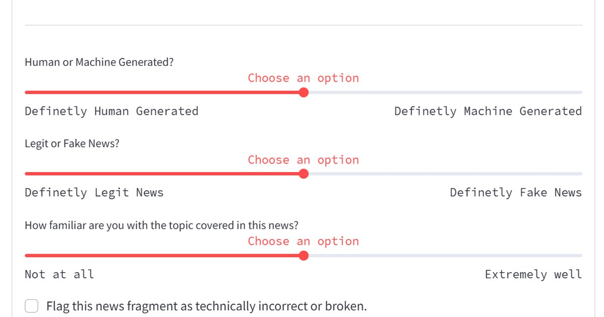Screenshot of the JudgeGPT survey with three sliders: human or machine generated, legit or fake news, and familiarity with the topic