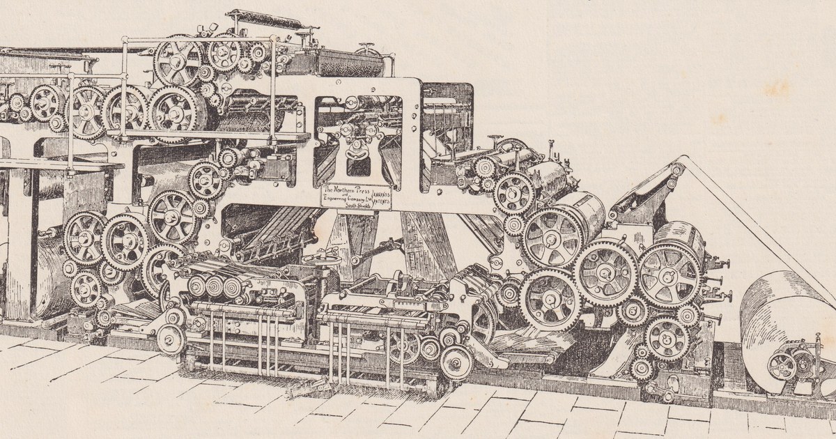 Engraving of a rotary newspaper printing press used for the Western Daily Press in 1908